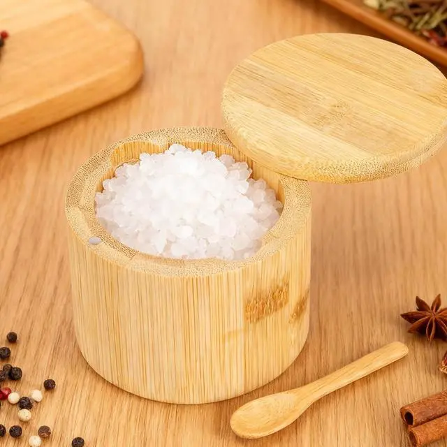 Alt view image 5 of 7 - Bamboo Salt Cellar Salt Container Salt Box Bowl with Swivel Lid Spice Box with Spoon for Countertop to Store Sea Salt Pepper Sugar 6 Ounce Capacity