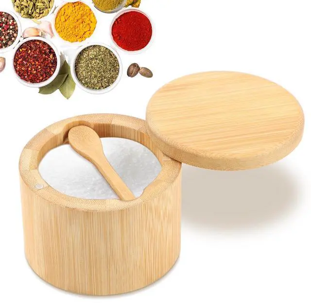 Main image of Magnetic Rotating Lid Bamboo Spice Jar with Built in Spoon, 6oz Salt Cellar Small Sal-t Box, Kitchen Salt Pepper Shaker, Easy-Pour Spice Dispenser for Sugar, Herbs, Seasonings(COLOR:Wood)