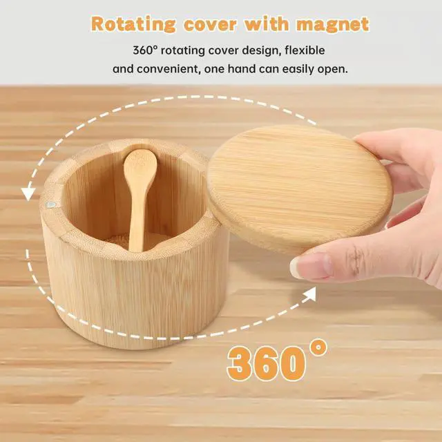 Alt view image 5 of 7 - Magnetic Rotating Lid Bamboo Spice Jar with Built in Spoon, 6oz Salt Cellar Small Sal-t Box, Kitchen Salt Pepper Shaker, Easy-Pour Spice Dispenser for Sugar, Herbs, Seasonings(COLOR:Wood)