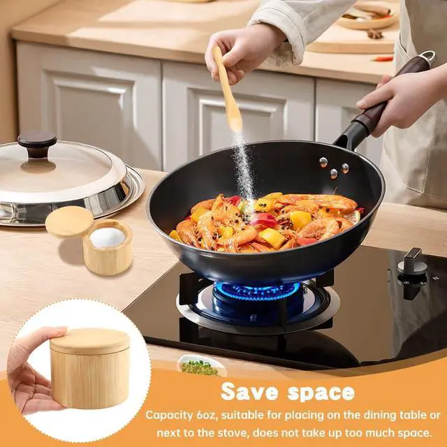 Alt view image 6 of 7 - Magnetic Rotating Lid Bamboo Spice Jar with Built in Spoon, 6oz Salt Cellar Small Sal-t Box, Kitchen Salt Pepper Shaker, Easy-Pour Spice Dispenser for Sugar, Herbs, Seasonings(COLOR:Wood)