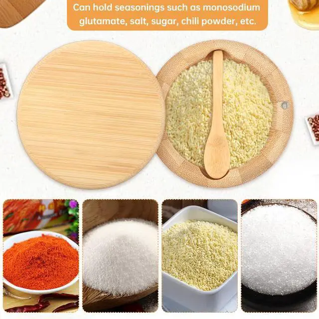 Alt view image 7 of 7 - Magnetic Rotating Lid Bamboo Spice Jar with Built in Spoon, 6oz Salt Cellar Small Sal-t Box, Kitchen Salt Pepper Shaker, Easy-Pour Spice Dispenser for Sugar, Herbs, Seasonings(COLOR:Wood)