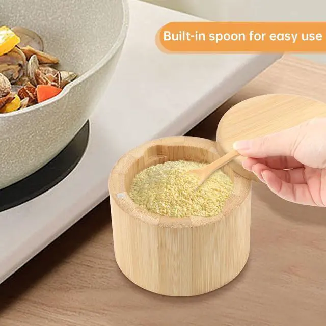 Alt view image 7 of 7 - Bamboo Salt Cellar with Built-in Spoon, Salt Container Sal-t Box Bowl with Magnetic Swivel Lid, Kitchen Spice Holder Saver Jar for Sal-t Pepper Seasonings(SIZE:6oz)