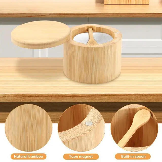 Alt view image 4 of 7 - Magnetic Rotating Lid Bamboo Spice Jar with Built in Spoon, 6oz Salt Cellar Small Sal-t Box, Kitchen Salt Pepper Shaker, Easy-Pour Spice Dispenser for Sugar, Herbs, Seasonings(COLOR:Wood)
