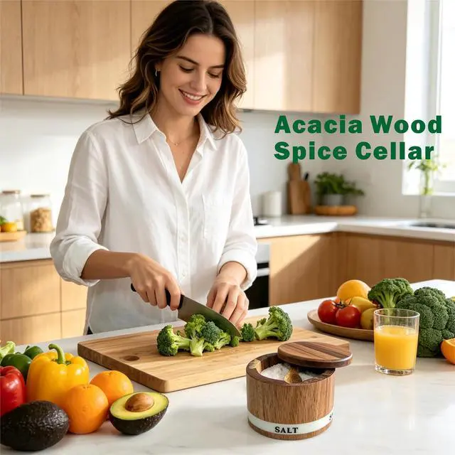 Alt view image 2 of 6 - Salt Cellar, Acacia Wood Salt Containers with Lid for Countertop