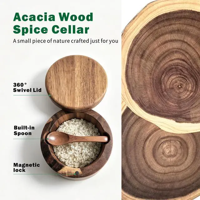 Alt view image 3 of 6 - Salt Cellar, Acacia Wood Salt Containers with Lid for Countertop