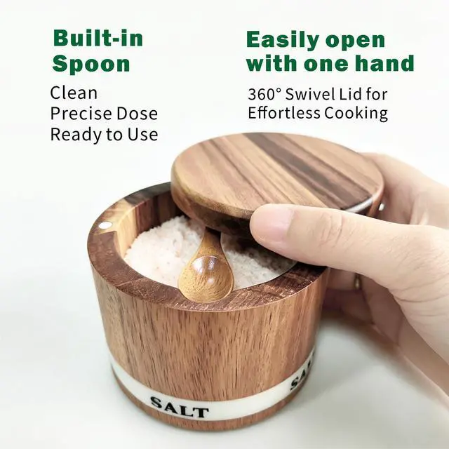 Alt view image 4 of 6 - Salt Cellar, Acacia Wood Salt Containers with Lid for Countertop