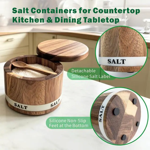Alt view image 5 of 6 - Salt Cellar, Acacia Wood Salt Containers with Lid for Countertop