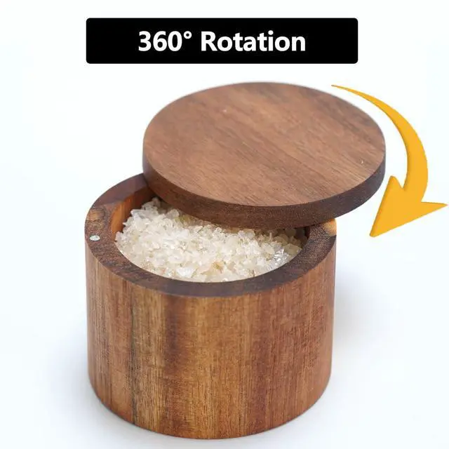 Alt view image 4 of 6 - Acacia Salt Cellar, Wood Salt Box With Swivel Cover, Spice Keeper, Wood Jar For Kitchen, Perfect For Keeping Table Salt, Gourmet Salts, Herbs or Favorite Seasonings