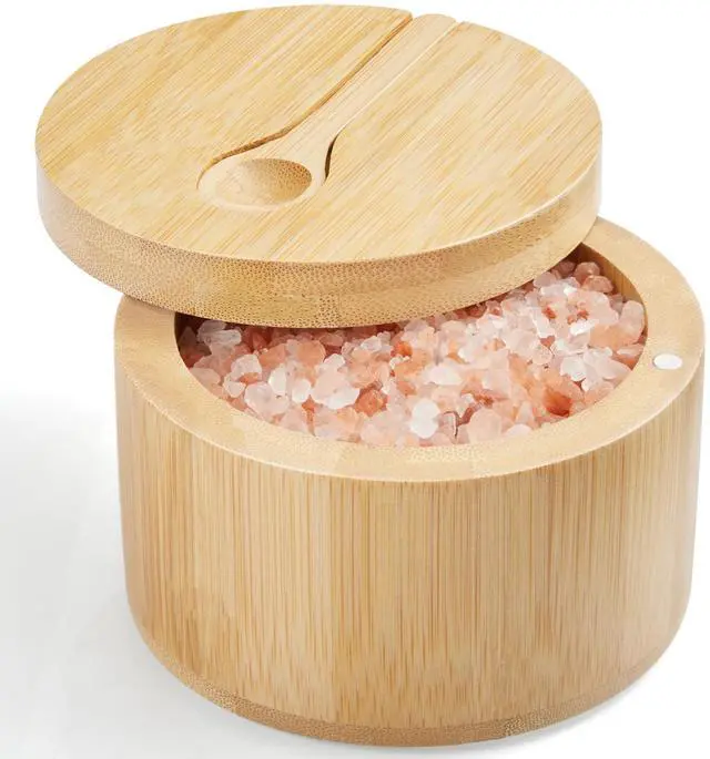 Main image of Salt Box Bowl with Lid and Spoon - Bamboo Salt Cellar with 360° Swivel Lid - Salt Container Holder for Sea Salt Herbs or Favorite Seasonings, 7 Ounce Capacity