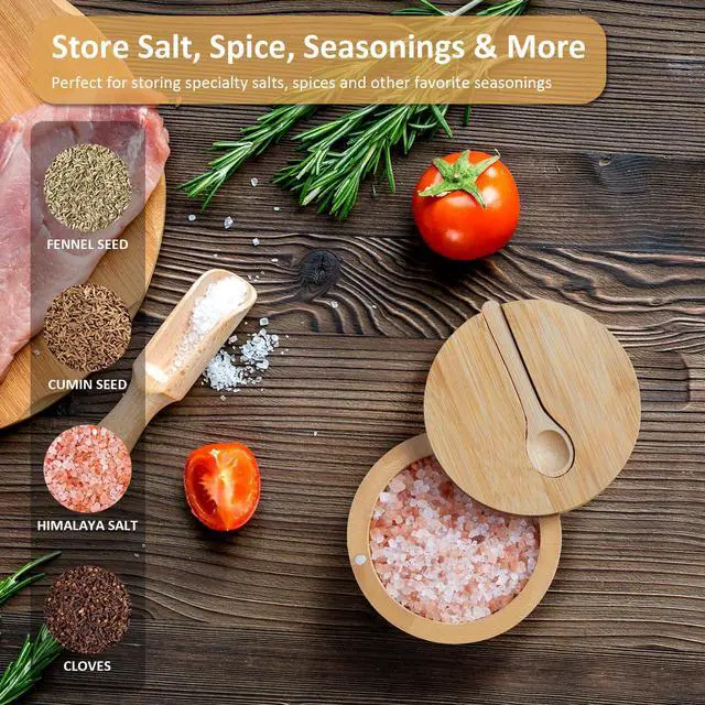 Alt view image 3 of 7 - Salt Box Bowl with Lid and Spoon - Bamboo Salt Cellar with 360° Swivel Lid - Salt Container Holder for Sea Salt Herbs or Favorite Seasonings, 7 Ounce Capacity