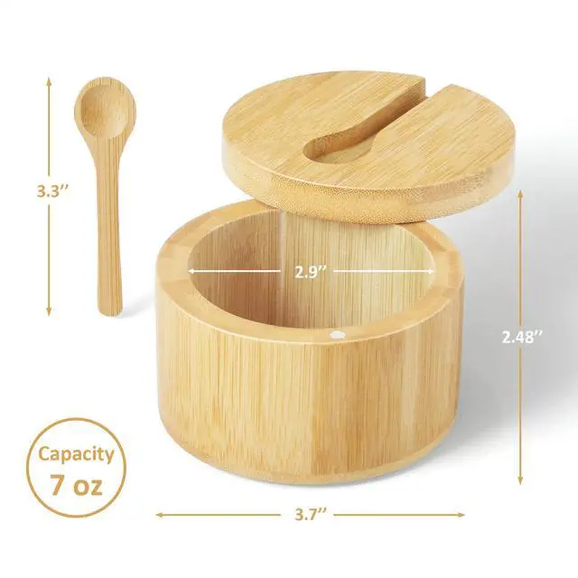 Alt view image 6 of 7 - Salt Box Bowl with Lid and Spoon - Bamboo Salt Cellar with 360° Swivel Lid - Salt Container Holder for Sea Salt Herbs or Favorite Seasonings, 7 Ounce Capacity
