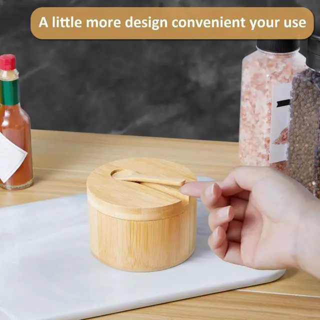 Alt view image 7 of 7 - Salt Box Bowl with Lid and Spoon - Bamboo Salt Cellar with 360° Swivel Lid - Salt Container Holder for Sea Salt Herbs or Favorite Seasonings, 7 Ounce Capacity