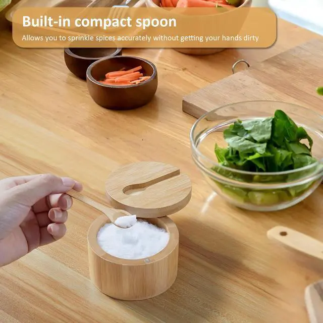 Alt view image 4 of 7 - Salt Box Bowl with Lid and Spoon - Bamboo Salt Cellar with 360° Swivel Lid - Salt Container Holder for Sea Salt Herbs or Favorite Seasonings, 7 Ounce Capacity