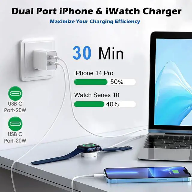 Alt view image 2 of 7 - Fast Charger for Apple Watch Charger,iPhone Dual Port Wall Charging Block with 6.6FT Magnetic Wireless Cable for iWatch Charger,USB C to Lightning Cable for iWatch Series 11/10/9/8/7/6/SE2/5/iPhone 14