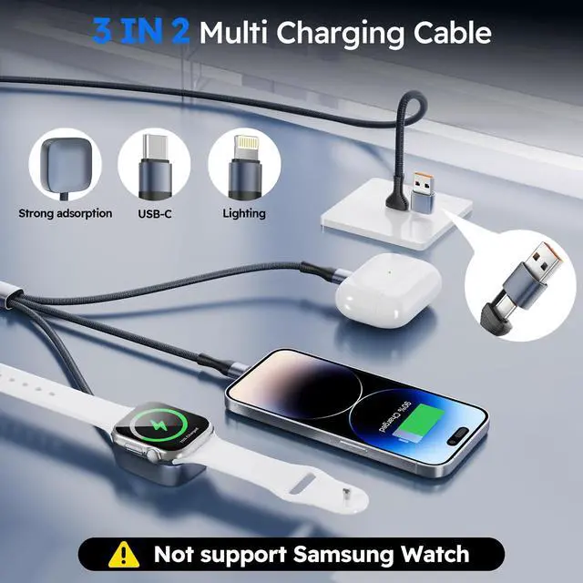 Alt view image 2 of 6 - Travel Essentials 3in2 Multi Charging Cable for iPhone Watch Charger,2PK6FT