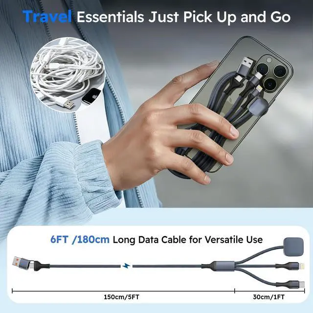 Alt view image 6 of 6 - Travel Essentials 3in2 Multi Charging Cable for iPhone Watch Charger,2PK6FT