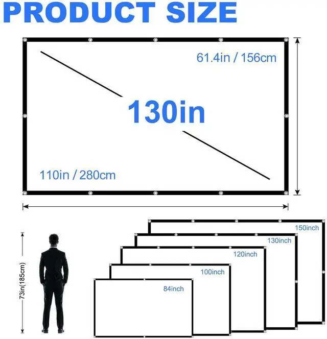 Alt view image 3 of 7 - 130 inch Projector Screen, Projection Screen Foldable Washable Anti-Crease Portable Projector 4K Indoor Outdoor 16:9 HD Rear Front Movies Screen for Home Theater Office Classroom