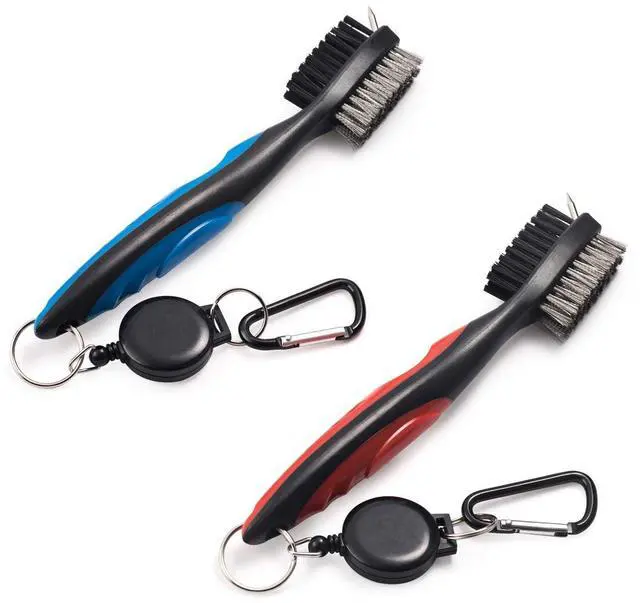 Main image of Pack of 2 Golf Club Brush Groove Cleaner with Retractable Zip-line and Aluminum Carabiner Cleaning Tools