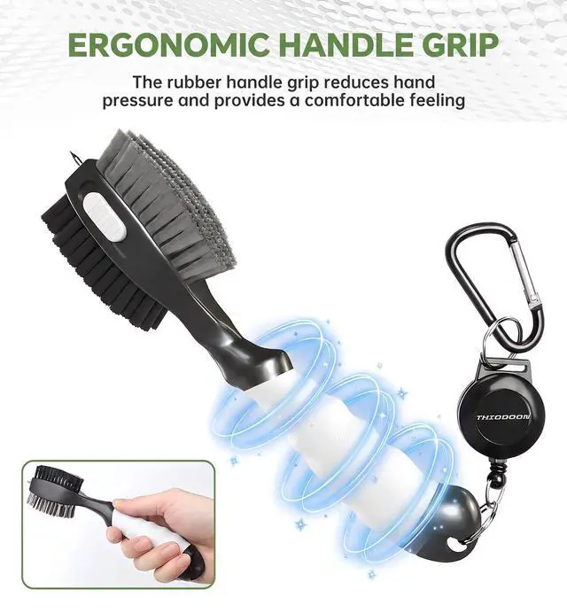 Alt view image 5 of 6 - Retractable Golf Club Cleaner Brush 2 Pack with Carabiner SpikeComfortable Grip Groove Cleaner Ideal Golf Gifts for Men Black White