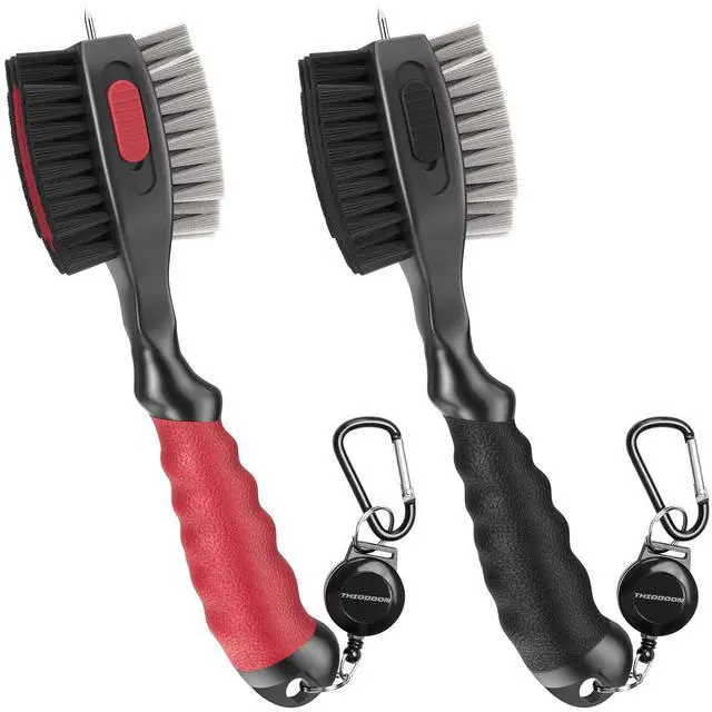 Main image of 2 Pack Golf Club Brushes and Groove Cleaner with Magnetic Keychain Oversized Golf Brush Head and Retractable Spike Super Non-Slip Handle Comfortable Grip Golf Club Cleaner (2pcs Black Red)