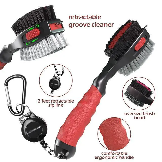 Alt view image 3 of 7 - 2 Pack Golf Club Brushes and Groove Cleaner with Magnetic Keychain Oversized Golf Brush Head and Retractable Spike Super Non-Slip Handle Comfortable Grip Golf Club Cleaner (2pcs Black Red)