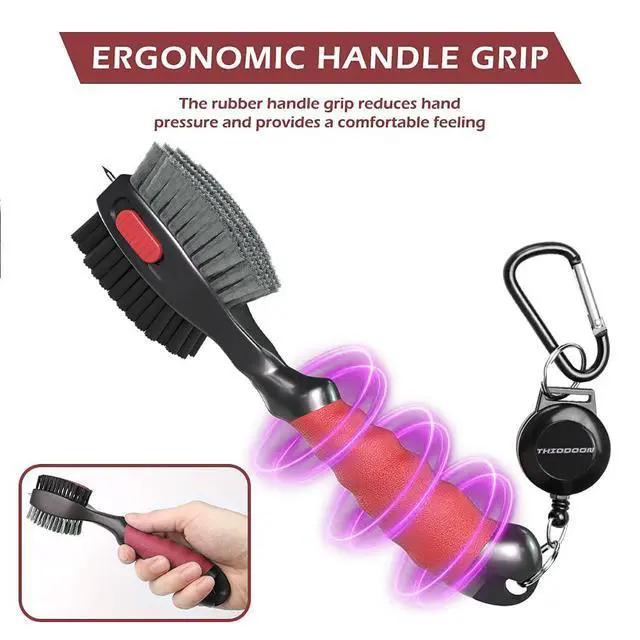Alt view image 5 of 7 - 2 Pack Golf Club Brushes and Groove Cleaner with Magnetic Keychain Oversized Golf Brush Head and Retractable Spike Super Non-Slip Handle Comfortable Grip Golf Club Cleaner (2pcs Black Red)