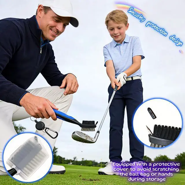 Alt view image 2 of 7 - Golf Club Brush with Retractable Zip-Line and Carabiner, Dual-Sided Cleaning Tool with Nylon and Steel Bristles, Groove Cleaner with Spike, Blue