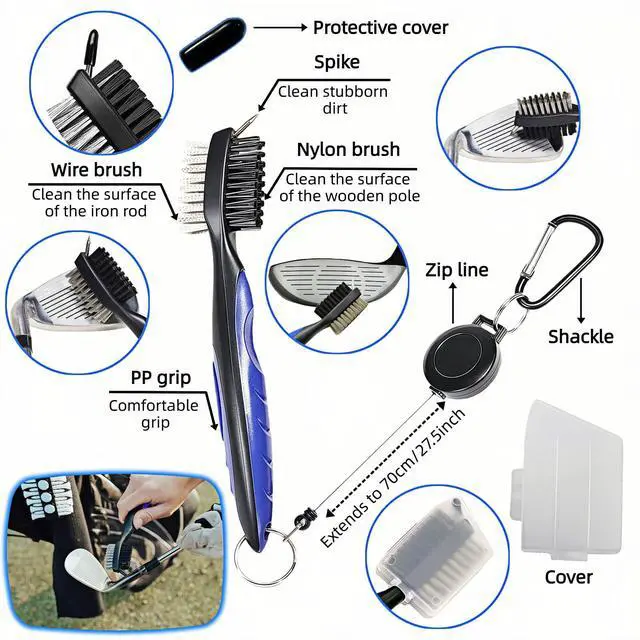 Alt view image 3 of 7 - Golf Club Brush with Retractable Zip-Line and Carabiner, Dual-Sided Cleaning Tool with Nylon and Steel Bristles, Groove Cleaner with Spike, Blue