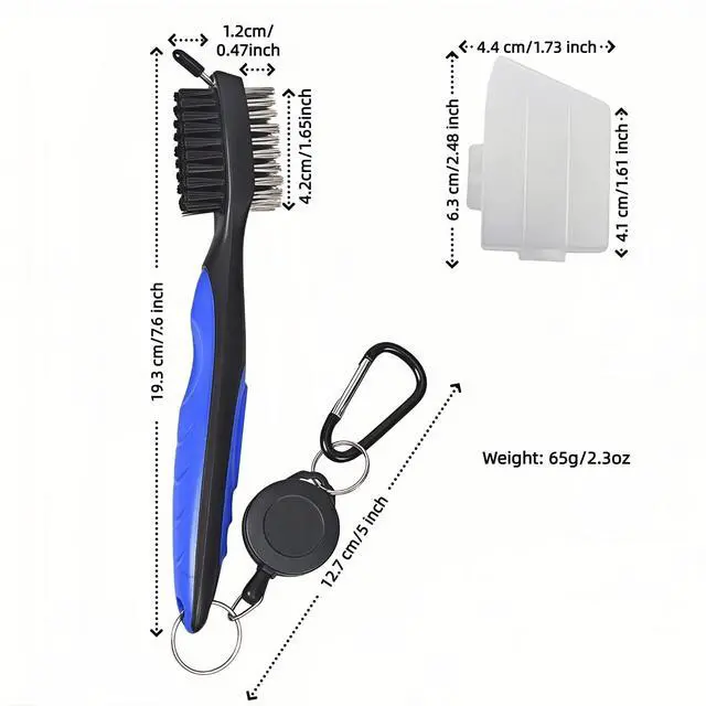 Alt view image 4 of 7 - Golf Club Brush with Retractable Zip-Line and Carabiner, Dual-Sided Cleaning Tool with Nylon and Steel Bristles, Groove Cleaner with Spike, Blue