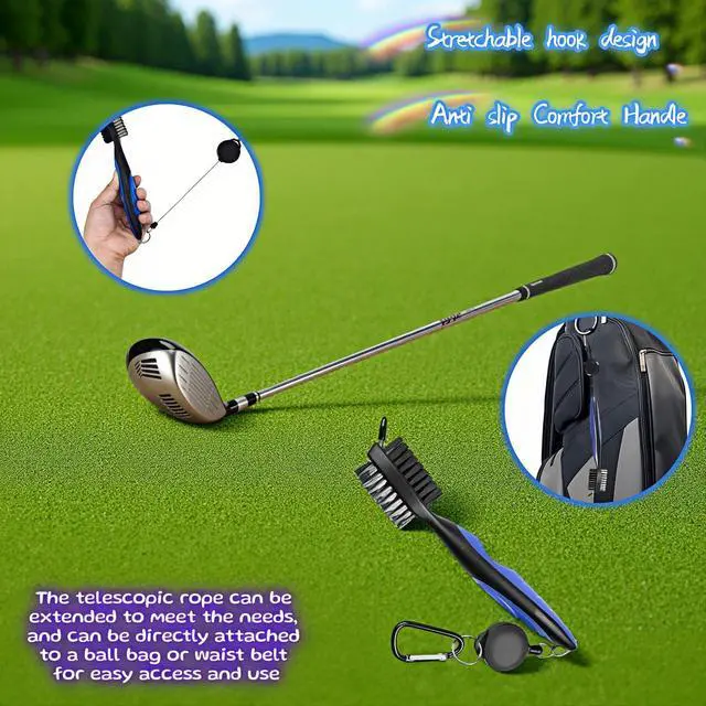 Alt view image 5 of 7 - Golf Club Brush with Retractable Zip-Line and Carabiner, Dual-Sided Cleaning Tool with Nylon and Steel Bristles, Groove Cleaner with Spike, Blue
