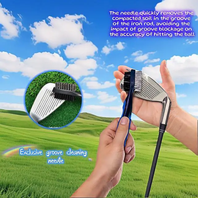 Alt view image 6 of 7 - Golf Club Brush with Retractable Zip-Line and Carabiner, Dual-Sided Cleaning Tool with Nylon and Steel Bristles, Groove Cleaner with Spike, Blue