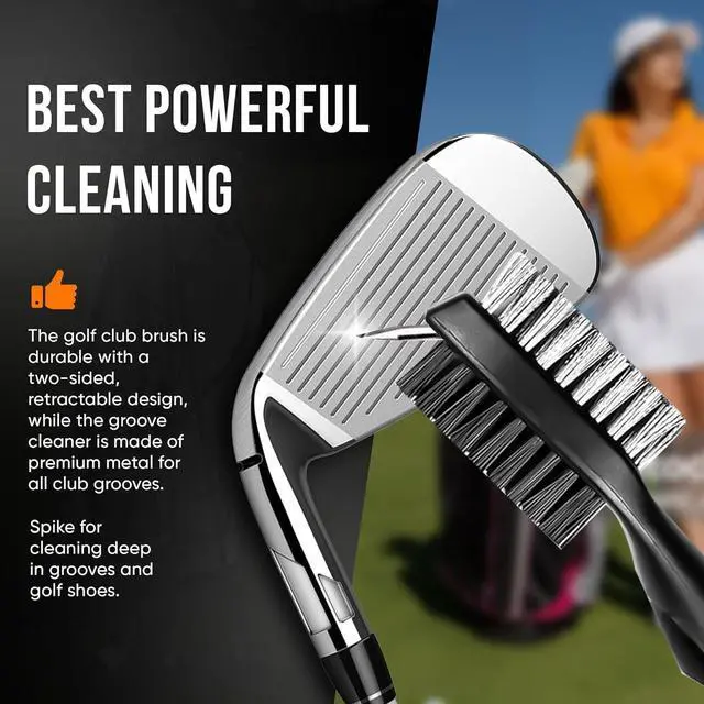 Alt view image 3 of 7 - Golf Club Brush & Groove Cleaner, Dual Sided Golf Cleaning Brush with 2FT Retractable Zip-Line Aluminum Carabiner for Golf Irons, Woods, Shoes & Grooves