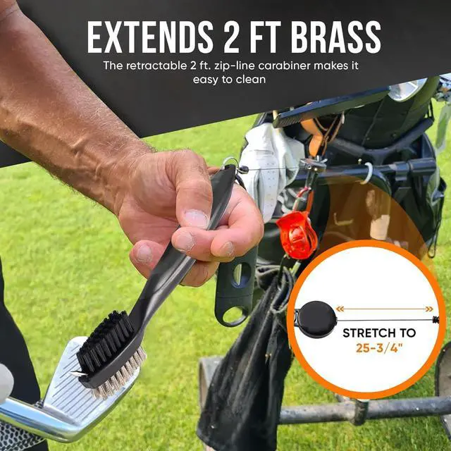 Alt view image 6 of 7 - Golf Club Brush & Groove Cleaner, Dual Sided Golf Cleaning Brush with 2FT Retractable Zip-Line Aluminum Carabiner for Golf Irons, Woods, Shoes & Grooves