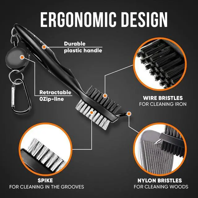 Alt view image 2 of 7 - Golf Club Brush & Groove Cleaner, Dual Sided Golf Cleaning Brush with 2FT Retractable Zip-Line Aluminum Carabiner for Golf Irons, Woods, Shoes & Grooves