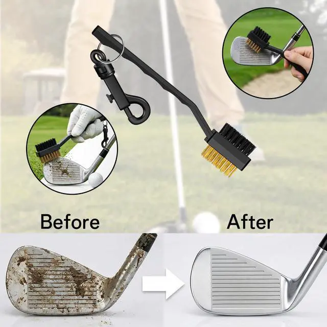 Alt view image 3 of 7 - 2 Pack Golf Brush and Groove Cleaner Golf Ball Cleaner Club Cleaning Brush with Dual-Sided Nylon Bristles Accessories for Clubs and Balls, Black, Easily Attaches to Bag