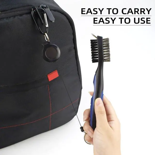 Alt view image 5 of 7 - Golf Club Brush and Groove Cleaner Retractable Zip-Line Golf Cleaning Tool Golf Club Brushes with Aluminum Carabiner Oversized Head Spike Non-Slip Handle Grip Golf Club Cleaner Golf Bag Brush Tools