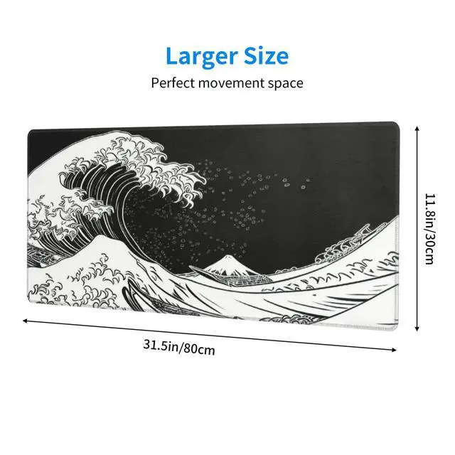 Alt view image 3 of 7 - Japanese Sea Wave Large Gaming Mouse Pad, Long Extended Full Mouse Mat Desk Pad for Top Keyboard Table, Aesthetic Stitched XL Mousepad Gifts for Women Office Decor, 31.5 * 11.8 in