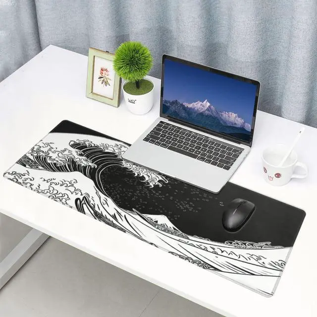 Alt view image 7 of 7 - Japanese Sea Wave Large Gaming Mouse Pad, Long Extended Full Mouse Mat Desk Pad for Top Keyboard Table, Aesthetic Stitched XL Mousepad Gifts for Women Office Decor, 31.5 * 11.8 in
