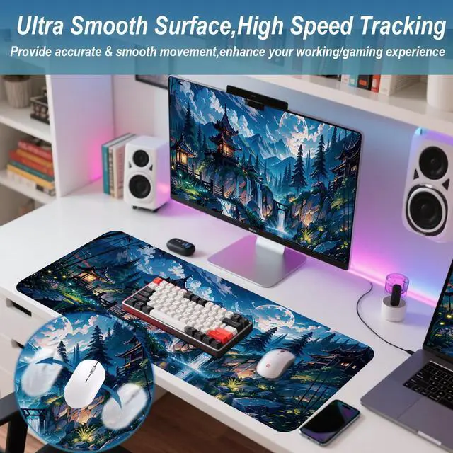 Alt view image 3 of 7 - Gaming Mouse Pad 31.5x11.8 inch XL Large Extended Mouse Pad, Big Mousepad Desk Mat for Computer with Non-Slip Rubber Base and Stitched Edge-Blue Moon