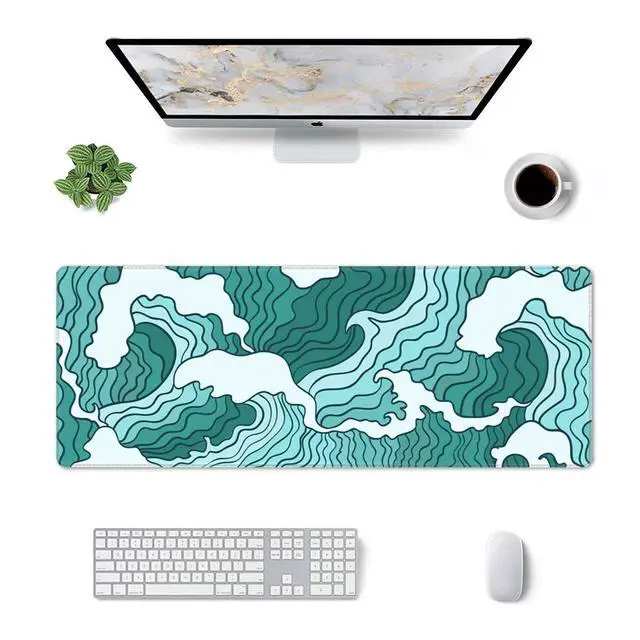 Alt view image 2 of 6 - Japanese Green Wave Gaming Mouse Pad XL, Large Desk Mat 31.5x11.8