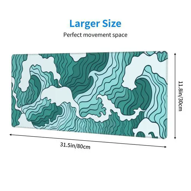 Alt view image 3 of 6 - Japanese Green Wave Gaming Mouse Pad XL, Large Desk Mat 31.5x11.8