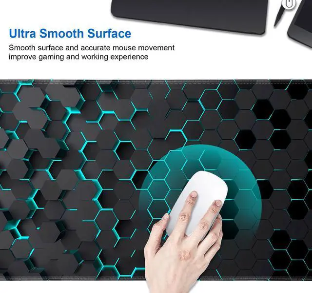 Alt view image 4 of 6 - Black Blue Honeycomb Modern Gaming Large Mouse Pad XL(35.4x15.7 in), Geometric Shapes Cool Extra Large Mousepad, Computer Pad, Non Slip Rubber Desk Pad Mat