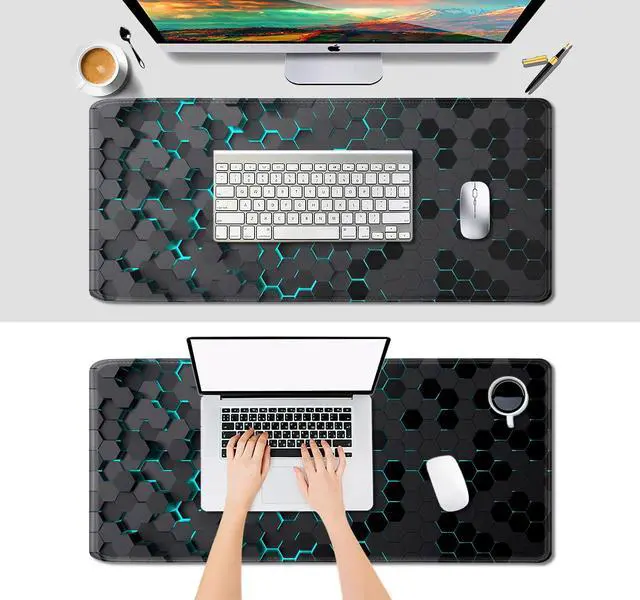 Alt view image 5 of 6 - Black Blue Honeycomb Modern Gaming Large Mouse Pad XL(35.4x15.7 in), Geometric Shapes Cool Extra Large Mousepad, Computer Pad, Non Slip Rubber Desk Pad Mat