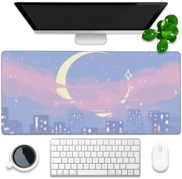 Main image of Desk Mat, Anime Moon City Night Scene Extended Gaming Mouse Pad Large, 35.4"x15.7" Big Mouse Pad with Non-Slip Base and Stitched Edge, Long Computer Keyboard Mouse Mat for Home Office Work
