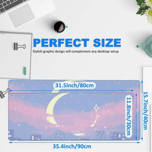 Alt view image 2 of 7 - Desk Mat, Anime Moon City Night Scene Extended Gaming Mouse Pad Large, 35.4"x15.7" Big Mouse Pad with Non-Slip Base and Stitched Edge, Long Computer Keyboard Mouse Mat for Home Office Work