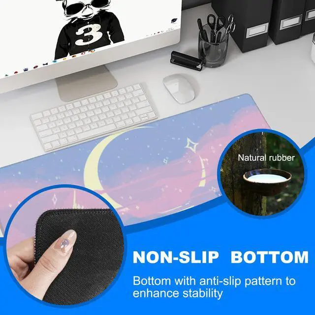 Alt view image 3 of 7 - Desk Mat, Anime Moon City Night Scene Extended Gaming Mouse Pad Large, 35.4"x15.7" Big Mouse Pad with Non-Slip Base and Stitched Edge, Long Computer Keyboard Mouse Mat for Home Office Work