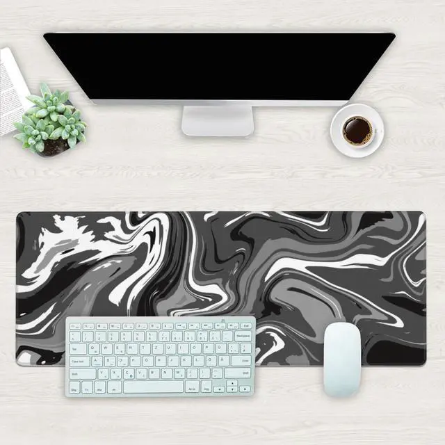 Alt view image 2 of 7 - Desk Mat, Abstract Black White Ink Liquid Waves Extended Gaming Mouse Pad Large, 31.5"x11.8" Big Mouse Pad with Non-Slip Base and Stitched Edge, Long Computer Keyboard Mouse Mat for Home Office Work