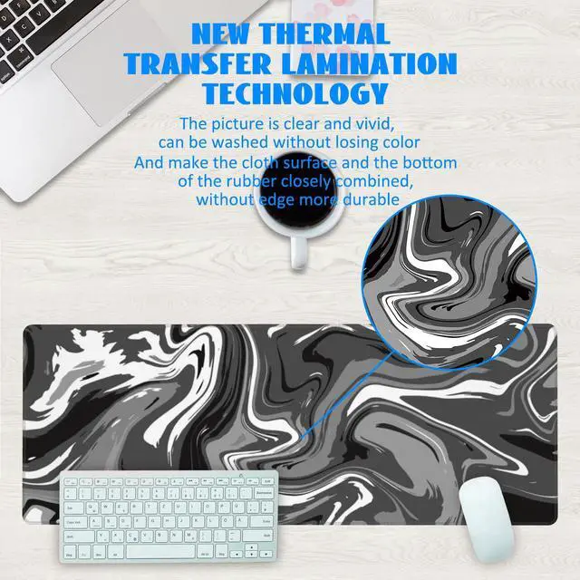 Alt view image 3 of 7 - Desk Mat, Abstract Black White Ink Liquid Waves Extended Gaming Mouse Pad Large, 31.5"x11.8" Big Mouse Pad with Non-Slip Base and Stitched Edge, Long Computer Keyboard Mouse Mat for Home Office Work