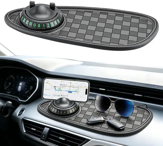 Main image of Multifunctional Car Anti-Slip Mat,With360° Rotating Adjustable Phone Holder and Temporary Parking License Plate Holder; Can Store Mobile Phones, Keys, Sunglasses and Other Items (Black and Gray)