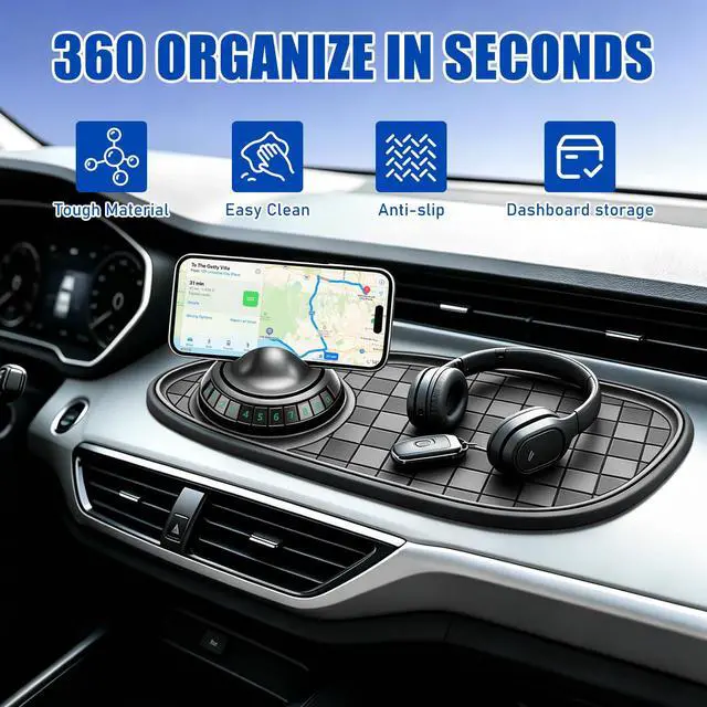 Alt view image 2 of 7 - Multifunctional Car Anti-Slip Mat,With360° Rotating Adjustable Phone Holder and Temporary Parking License Plate Holder; Can Store Mobile Phones, Keys, Sunglasses and Other Items (Black and Gray)